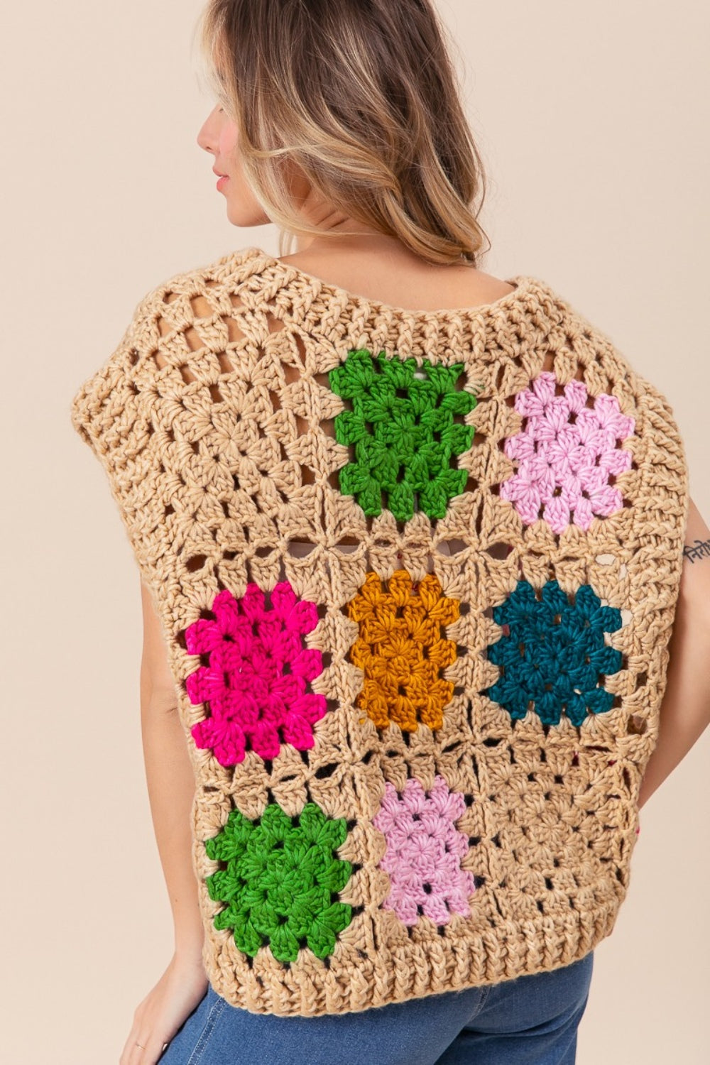 Granny Square Openwork Sleeveless Sweater in Taupe