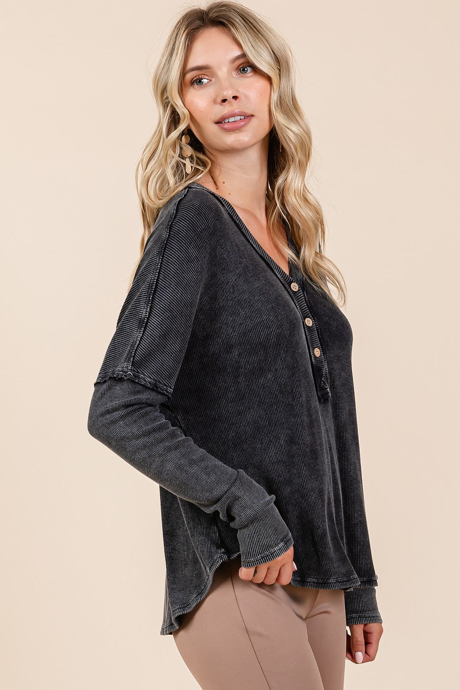 Washed V-Neck Long Sleeve Blouse in Charcoal