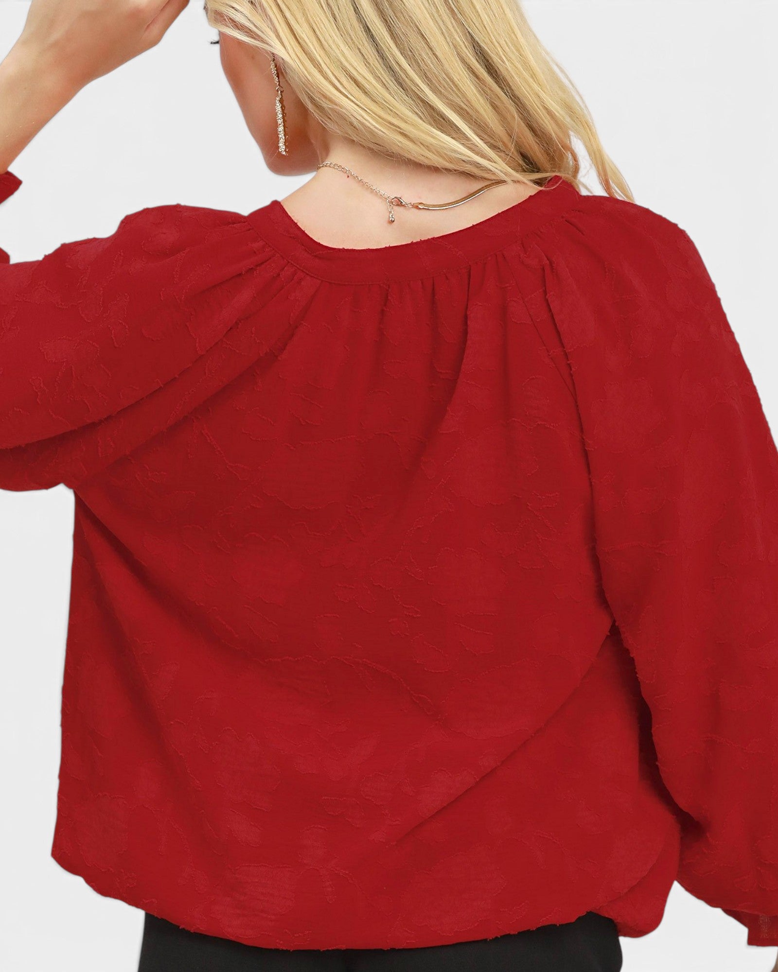 Cherry Jacquard Textured Floral V-Neck Blouse