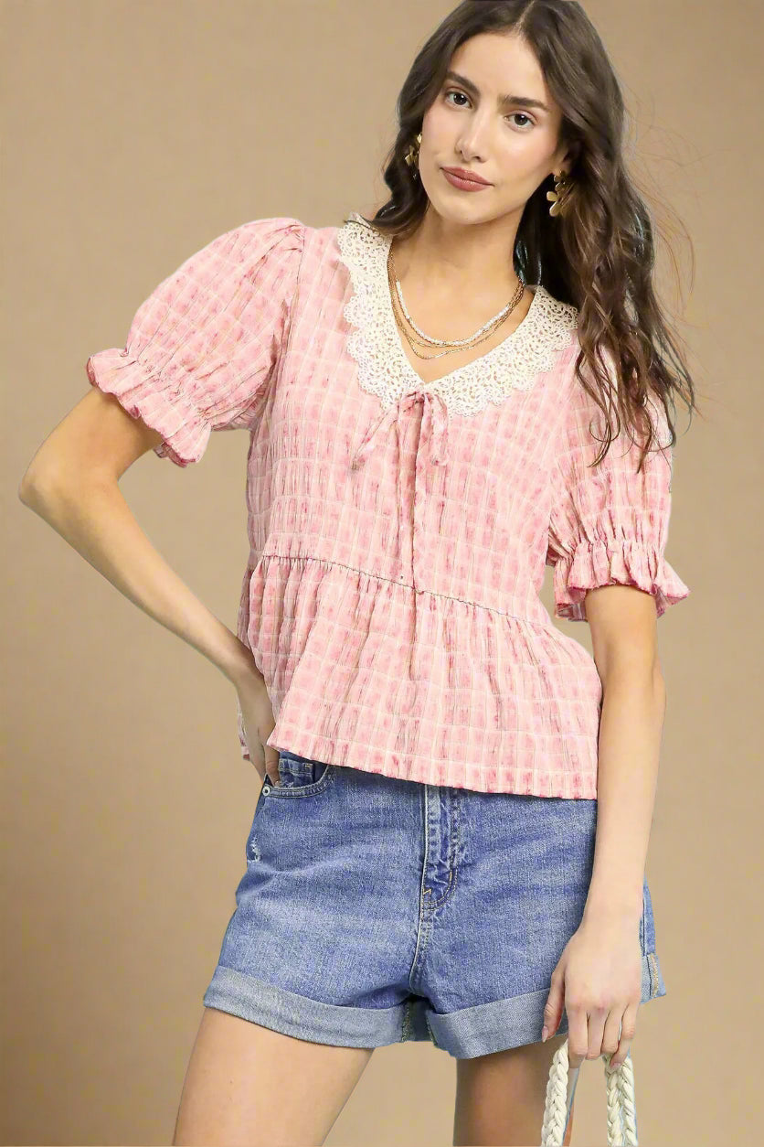 Pink Gingham Lace Trim Peplum Blouse