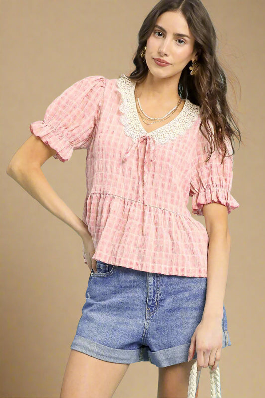 Pink Gingham Lace Trim Peplum Blouse