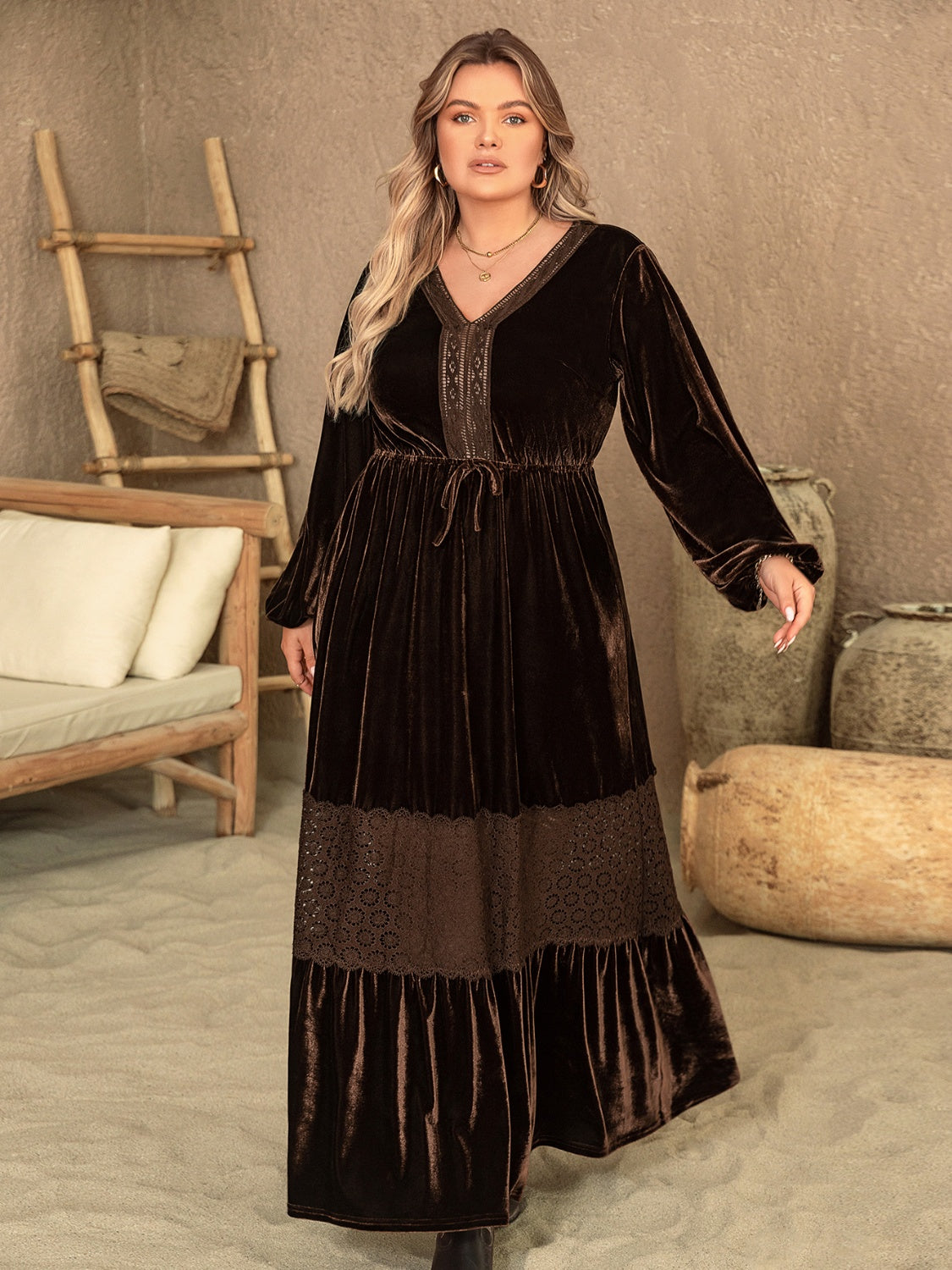 Plus Size V-Neck Long Sleeve Velvet Maxi Dress in Chocolate