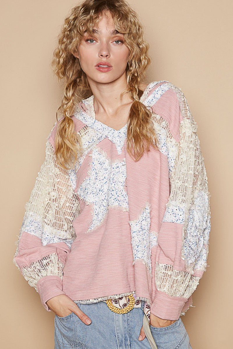 Pink Star Patch Lace Sleeve Hooded Top