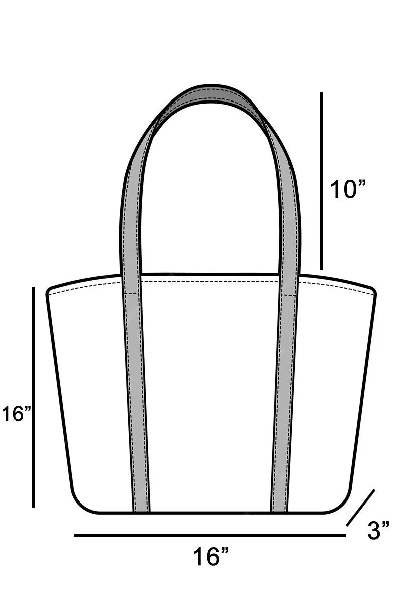Measurement chart of a tote bag with dimensions labeled.