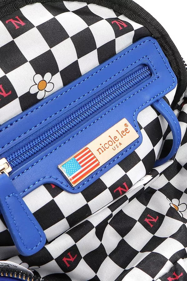 Checkered bag with blue zipper and 'nicole lee' label