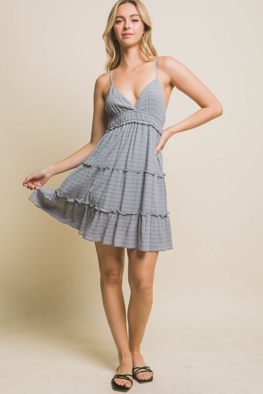 Frilly V-Neck Cami Mini Dress in Grey