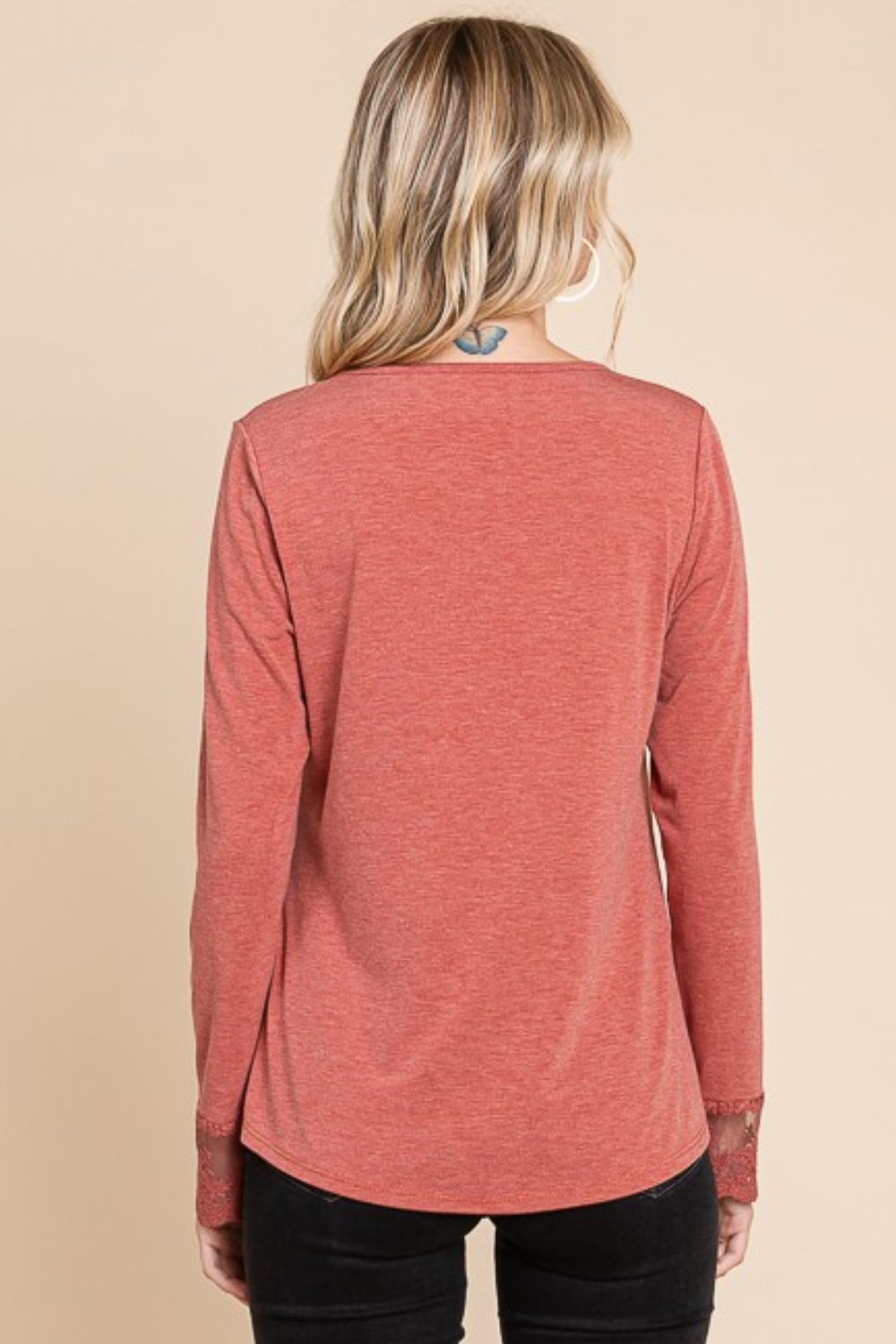 Lace Detail Long Sleeve T-Shirt in Rust