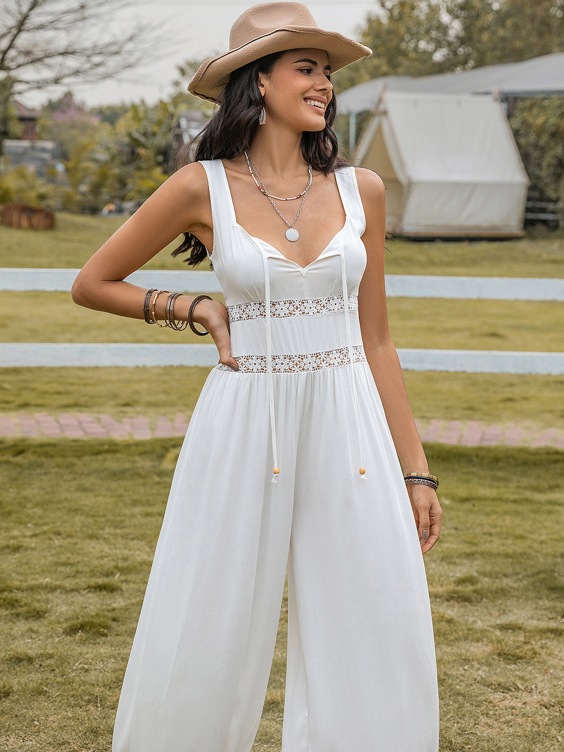 Backless Wide Strap Wide Leg Jumpsuit in White
