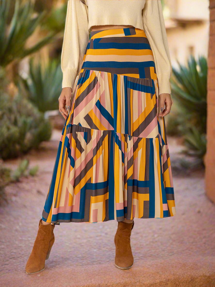 Multicolor Geometric Elastic Waist Midi Skirt