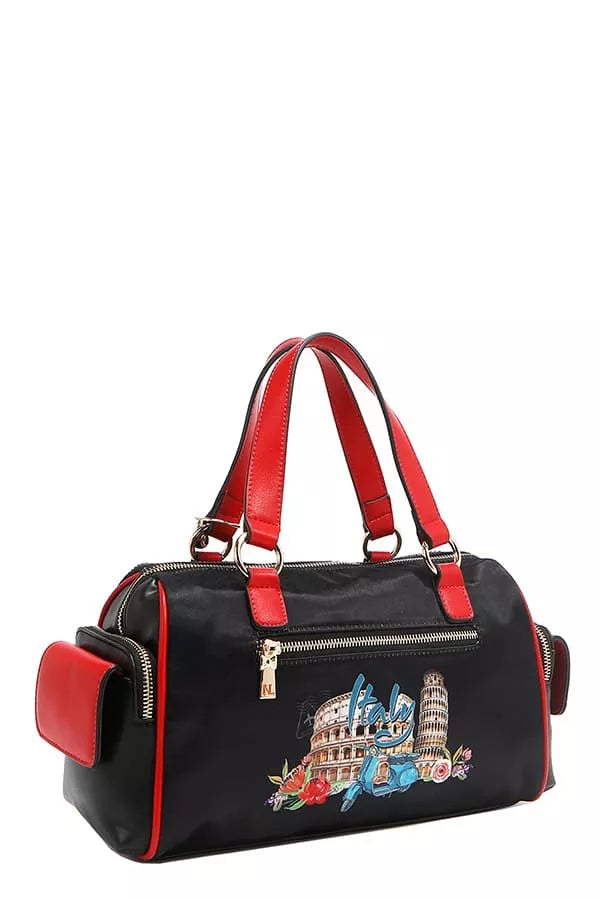 Black handbag with red accents and Italian-themed design on a white background