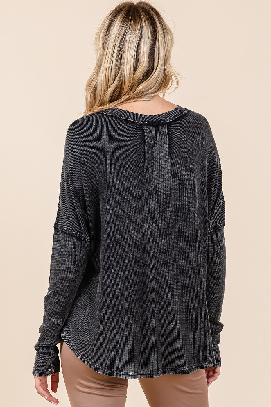 Washed V-Neck Long Sleeve Blouse in Charcoal