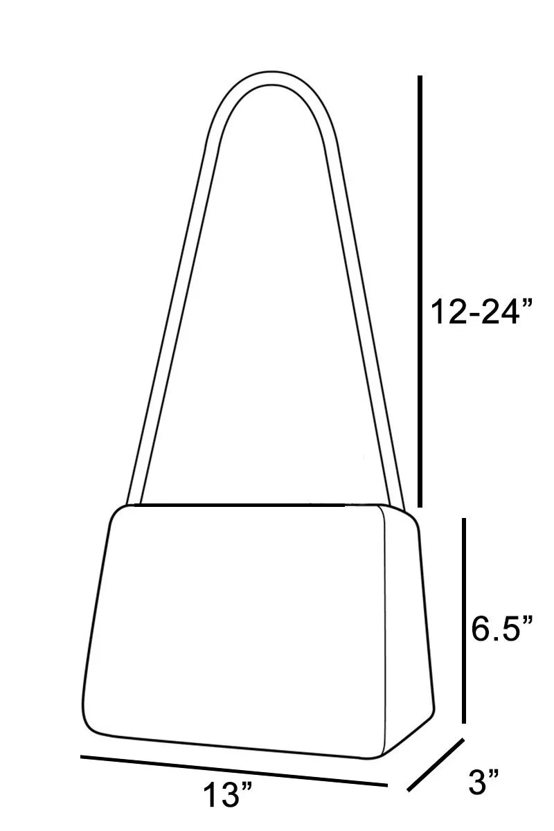 Line drawing of a handbag with dimensions labeled