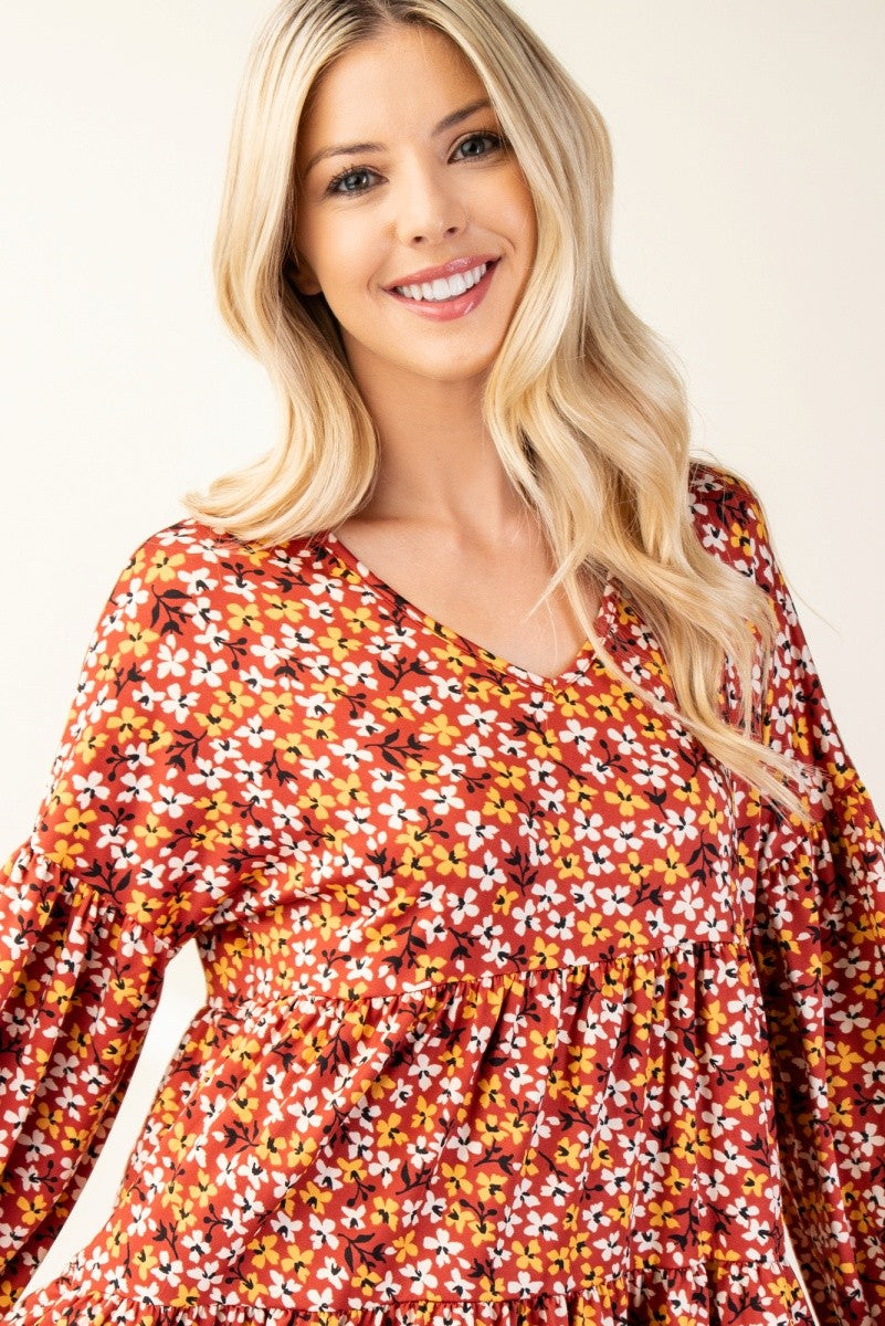 Floral V-Neck Long Sleeve Blouse in Rust