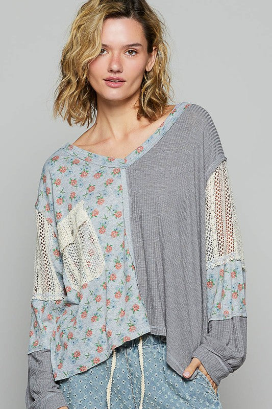 Floral Crochet V-Neck Top in Charcoal