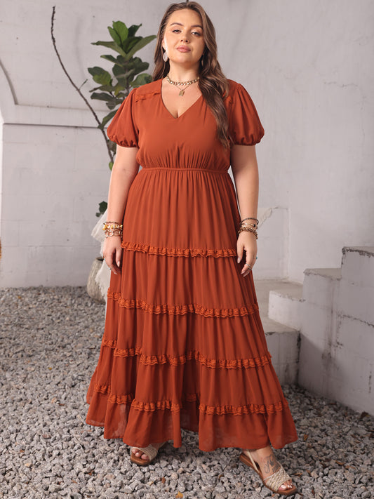 Plus Size Lace Detail V-Neck Short Sleeve Maxi Dress in Rust