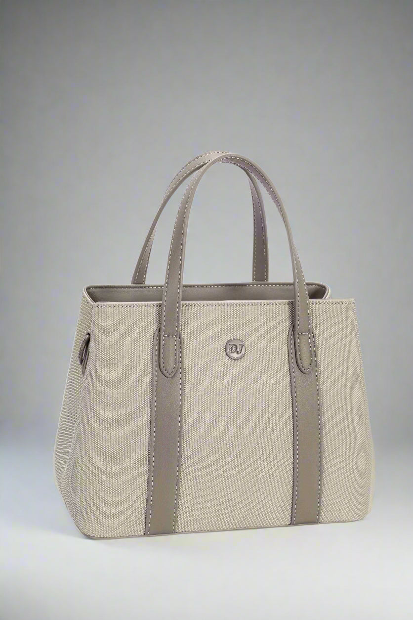 Beige handbag with gray accents on a white background