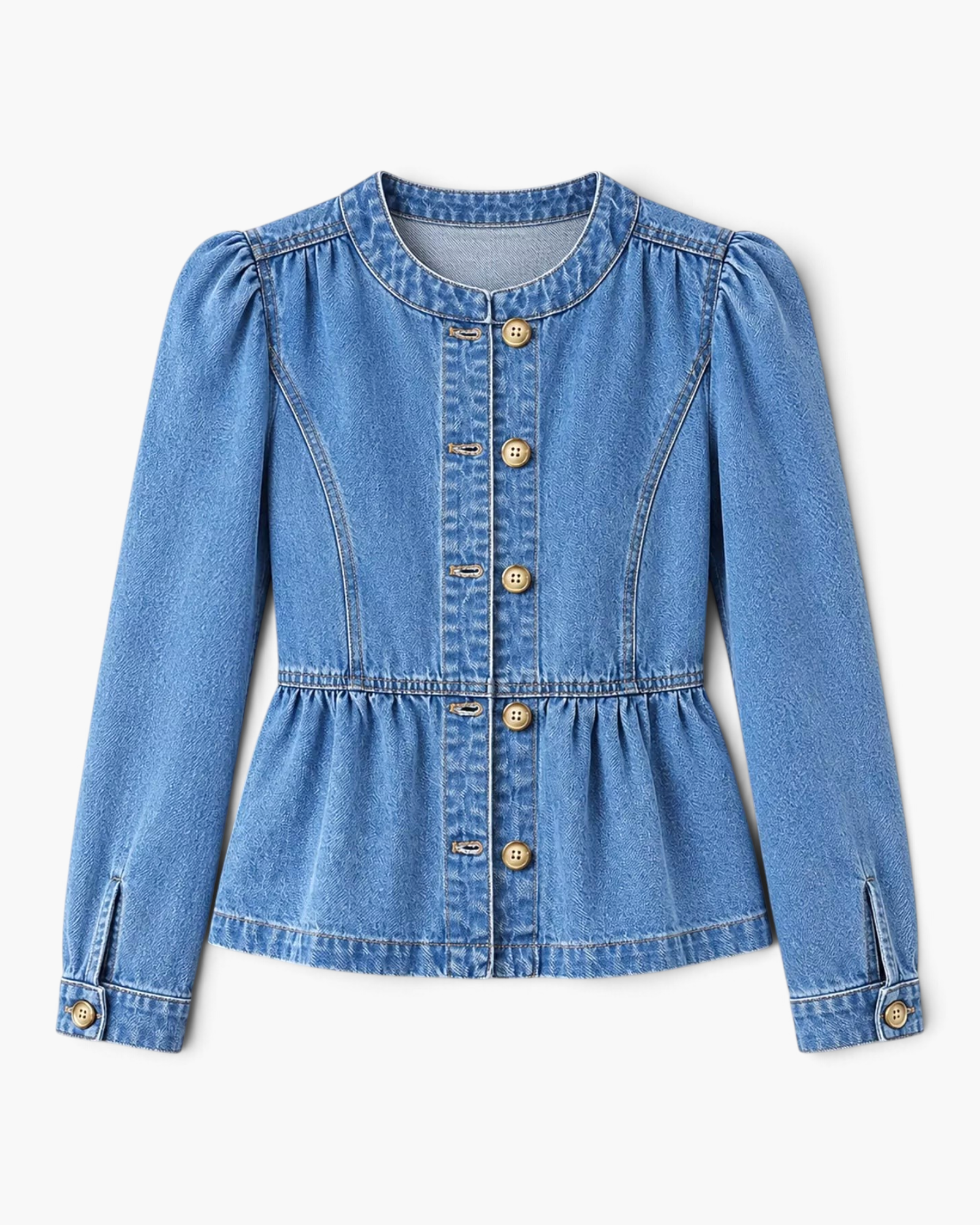 Beach Rose Co. blue denim jacket with puff sleeves, round neckline, button-front, and a gathered peplum hem.