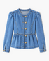 Beach Rose Co. blue denim jacket with puff sleeves, round neckline, button-front, and a gathered peplum hem.