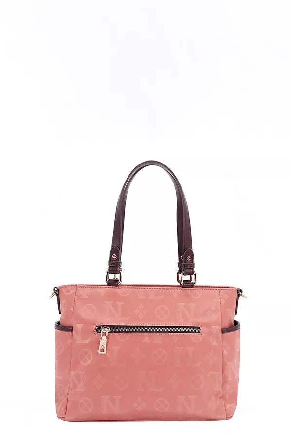 Pink handbag with a visible brand logo on a white background