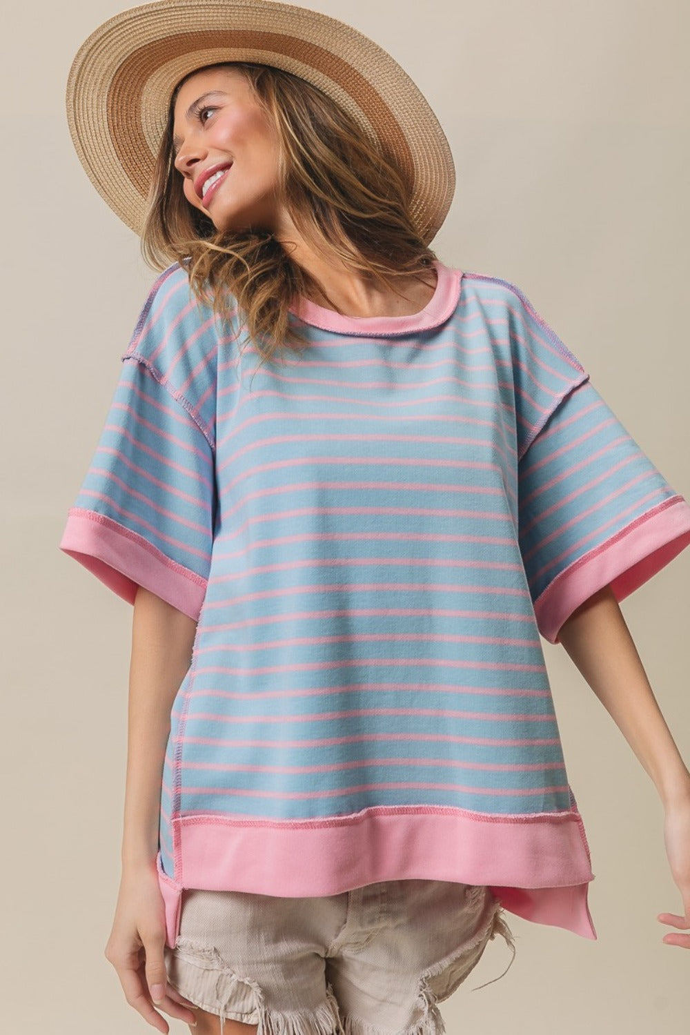 Exposed Seams Striped Contrast T-Shirt in Light Blue Blush