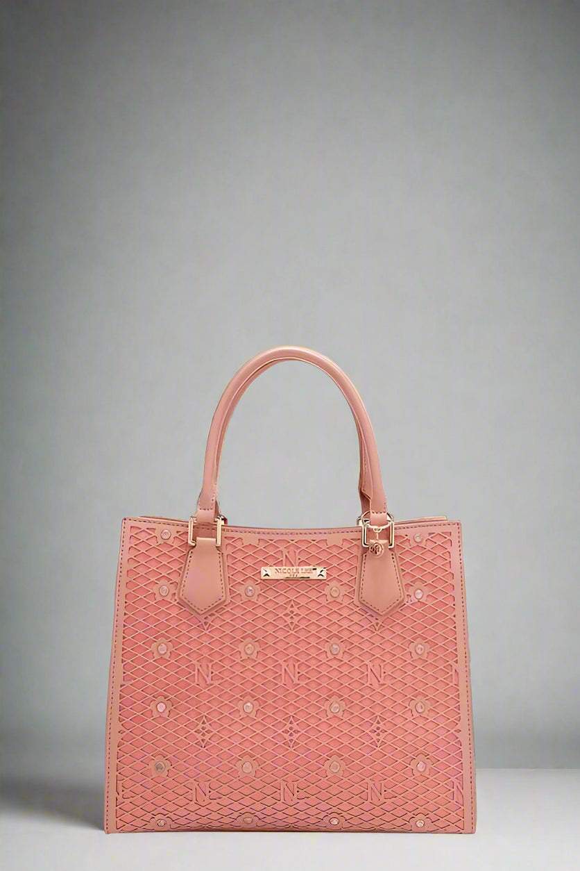 Pink handbag with floral pattern on a white background