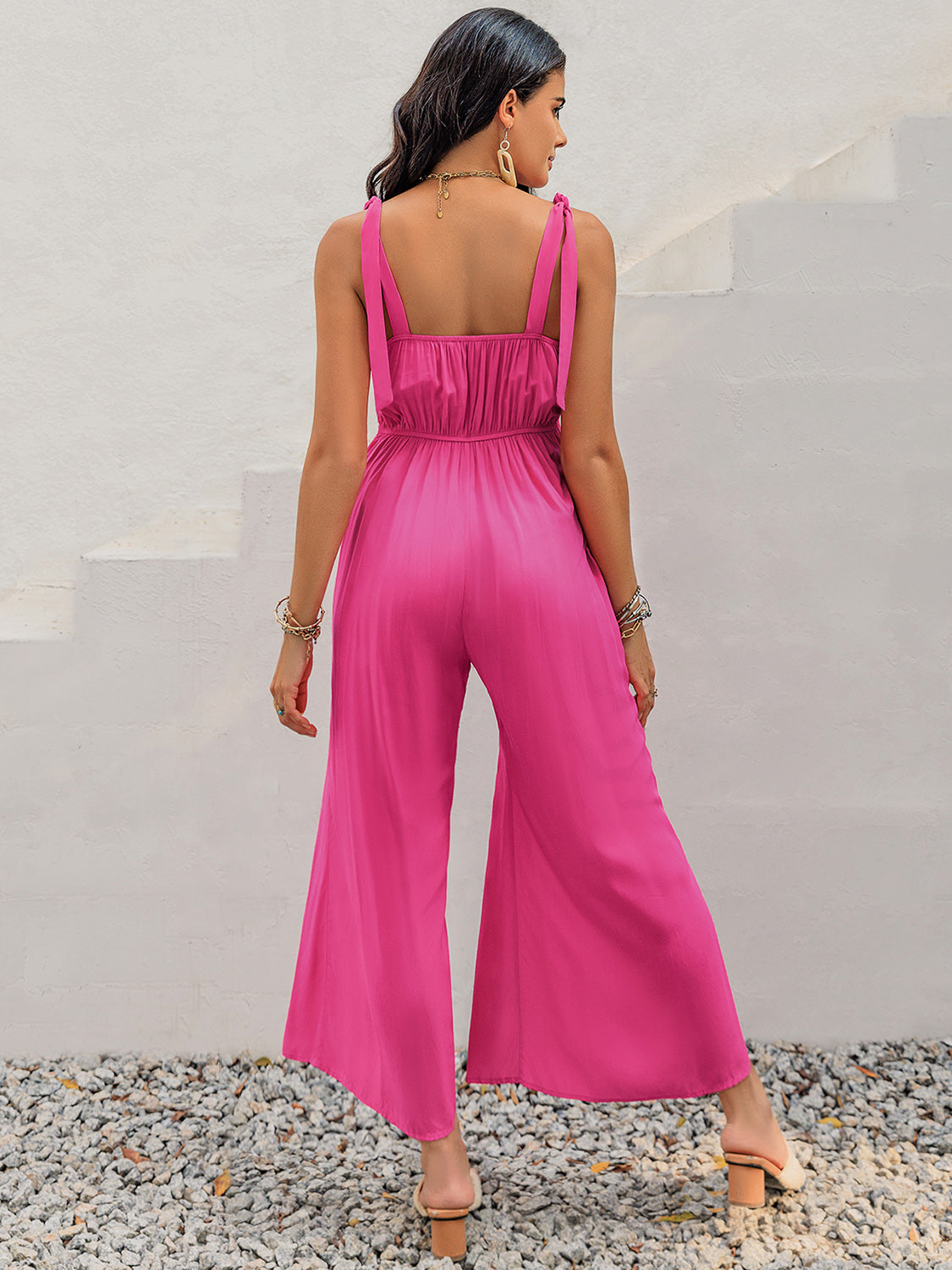 V-Neck Wide Strap Front Slit Jumpsuit in Hot Pink