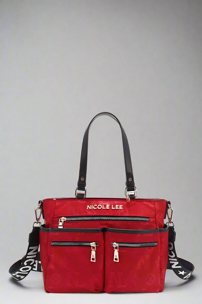 Red handbag with black accents and 'Nicole Lee' branding on a white background