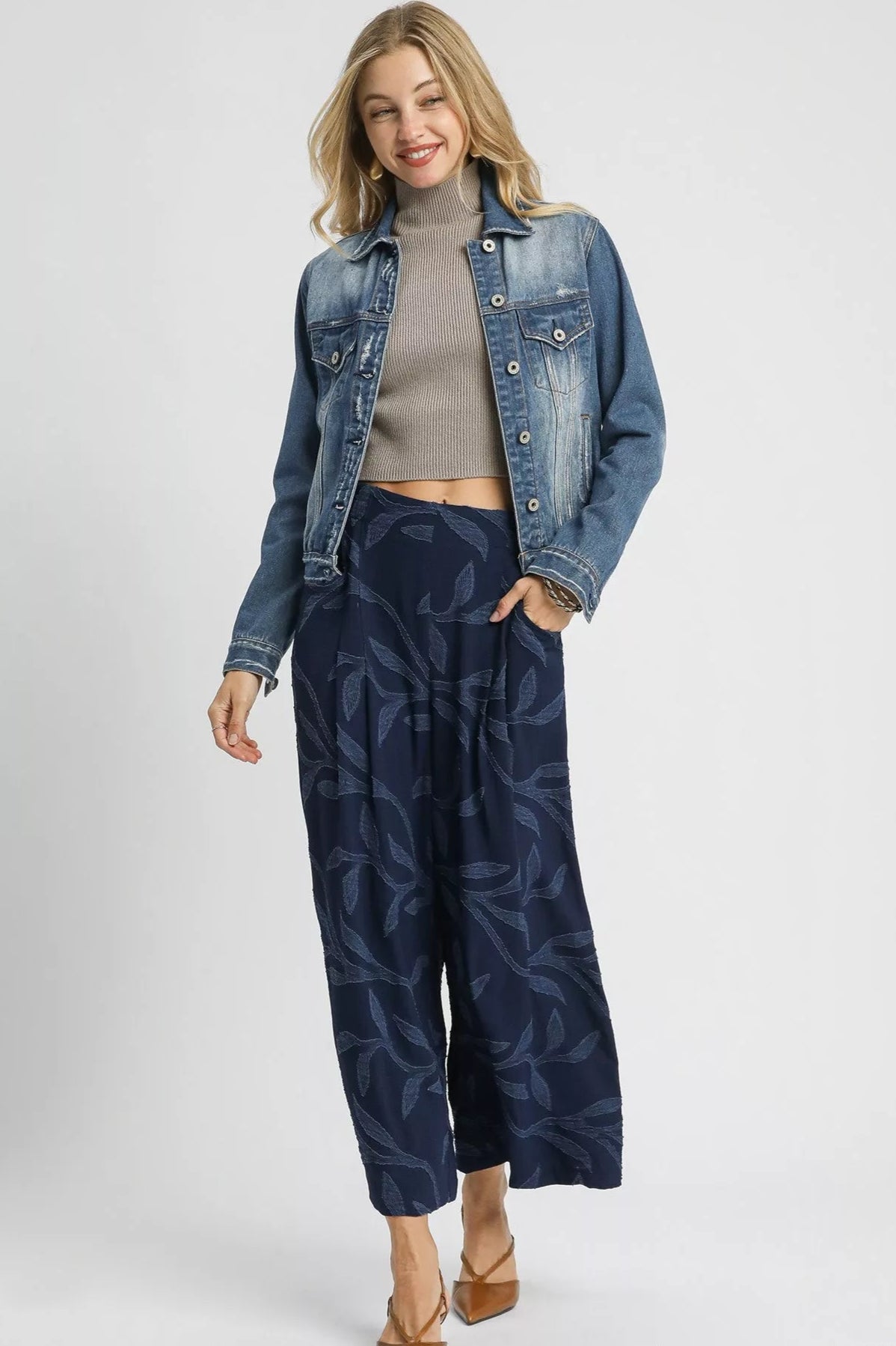 Navy Leaf Textured Wide Leg Pants