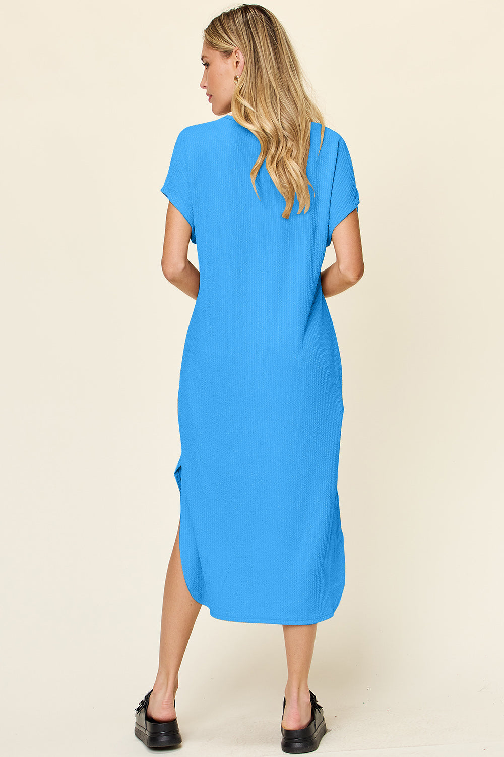 Crew Neck Short Sleeve High-Low Midi Dress With Pockets