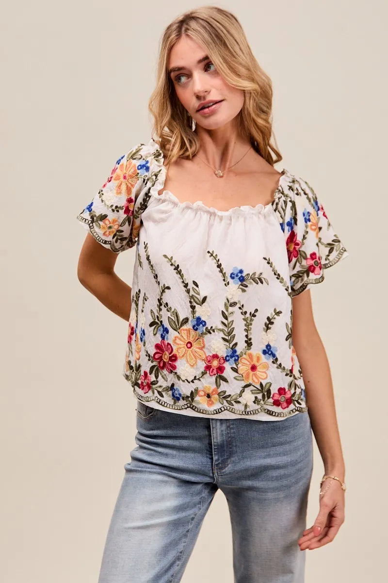 Woman wearing a floral embroidered top and jeans against a beige background