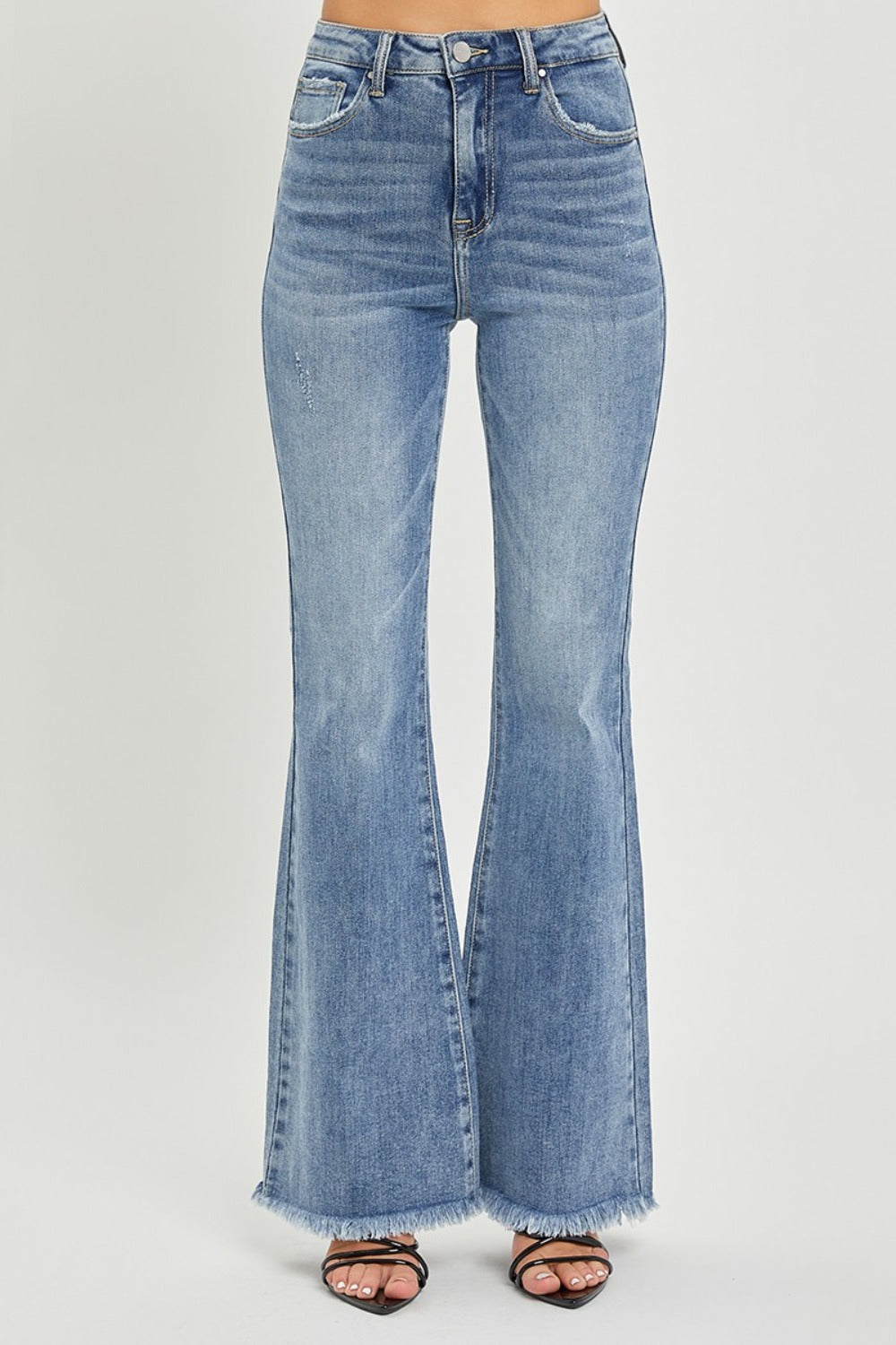 Medium Wash High Waist Raw Hem Flare Jeans