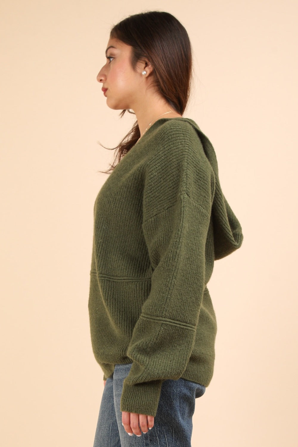 Seam Detail Drop Shoulder Hooded Sweater in Olive