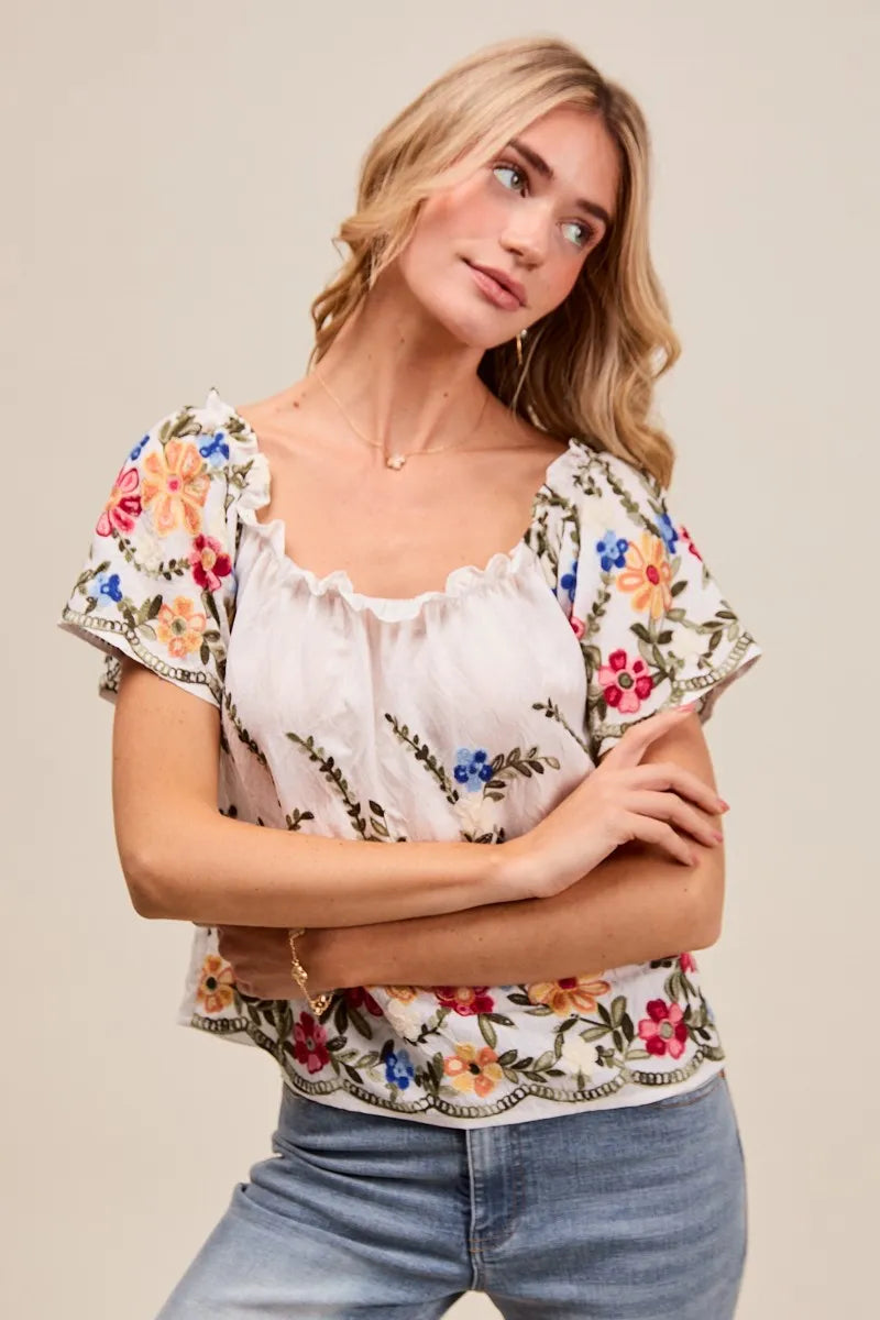 Woman wearing a floral embroidered top with a neutral background