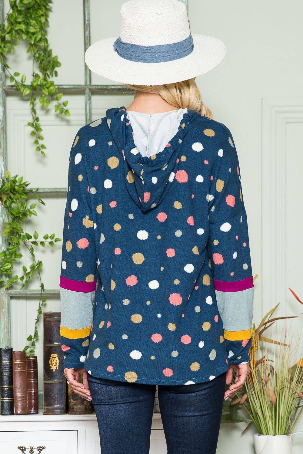 Navy Polka Dot Hoodie with Pockets