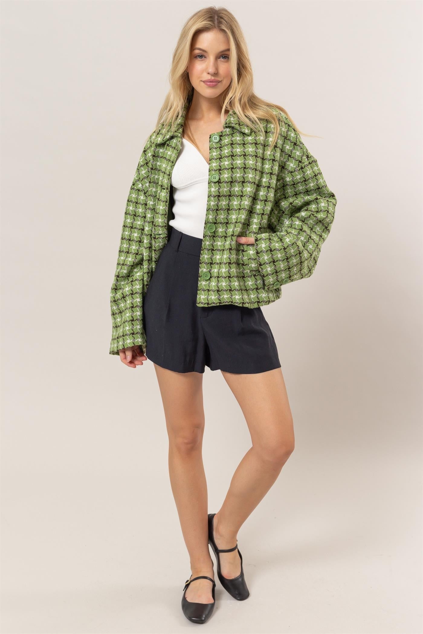 Green Tweed Plaid Button Up Jacket