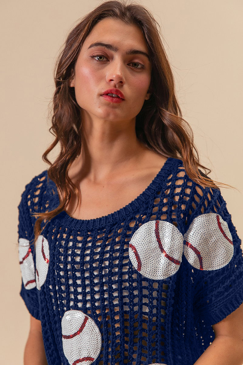 Sequin Baseball Patches Short Sleeve Mesh Top in Navy