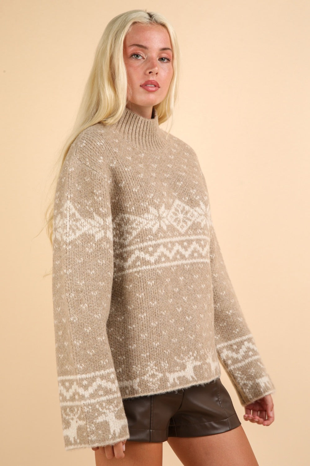 Christmas Design Mock Neck Sweater in Mocha