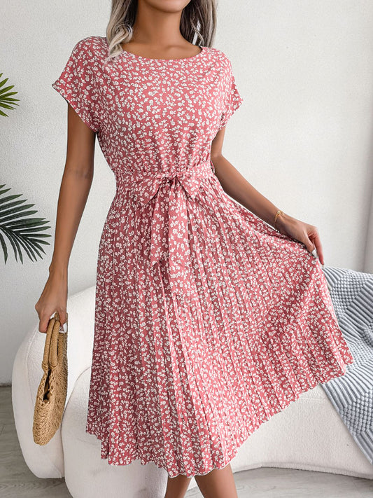 Ditsy Floral Pleated Tie Waist Midi Dress