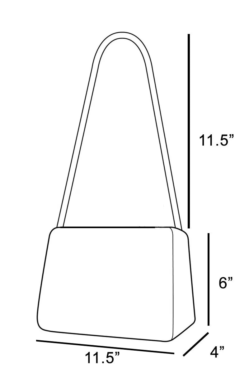 Line drawing of a handbag with dimensions labeled
