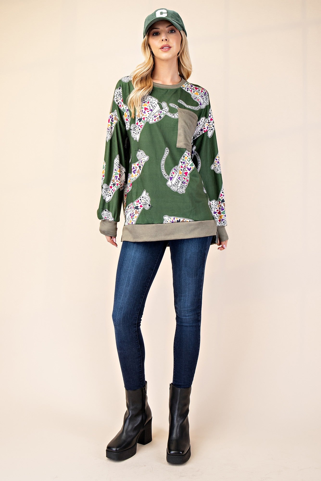 Animal Print Contrast Long Sleeve T-Shirt in Olive