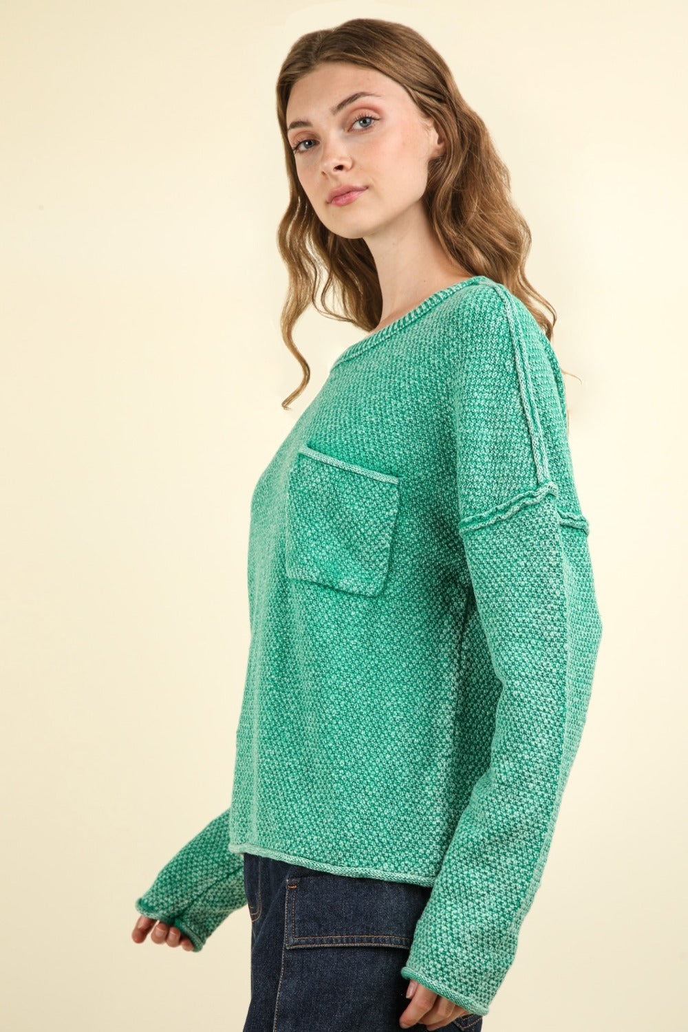 Mineral Washed Exposed Seams Sweater in Kelly Green