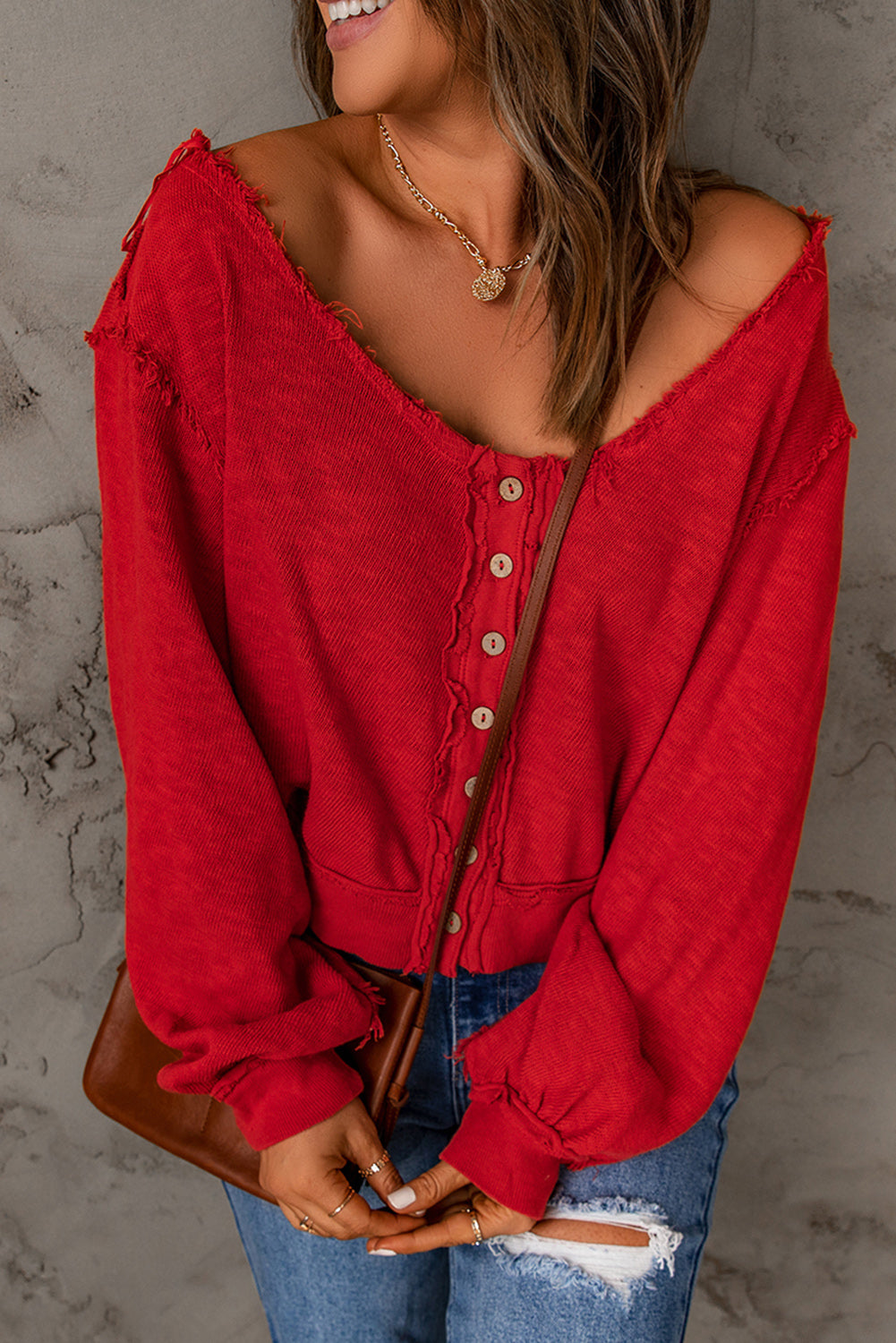 Red Button Front Frayed Trim Knit Top