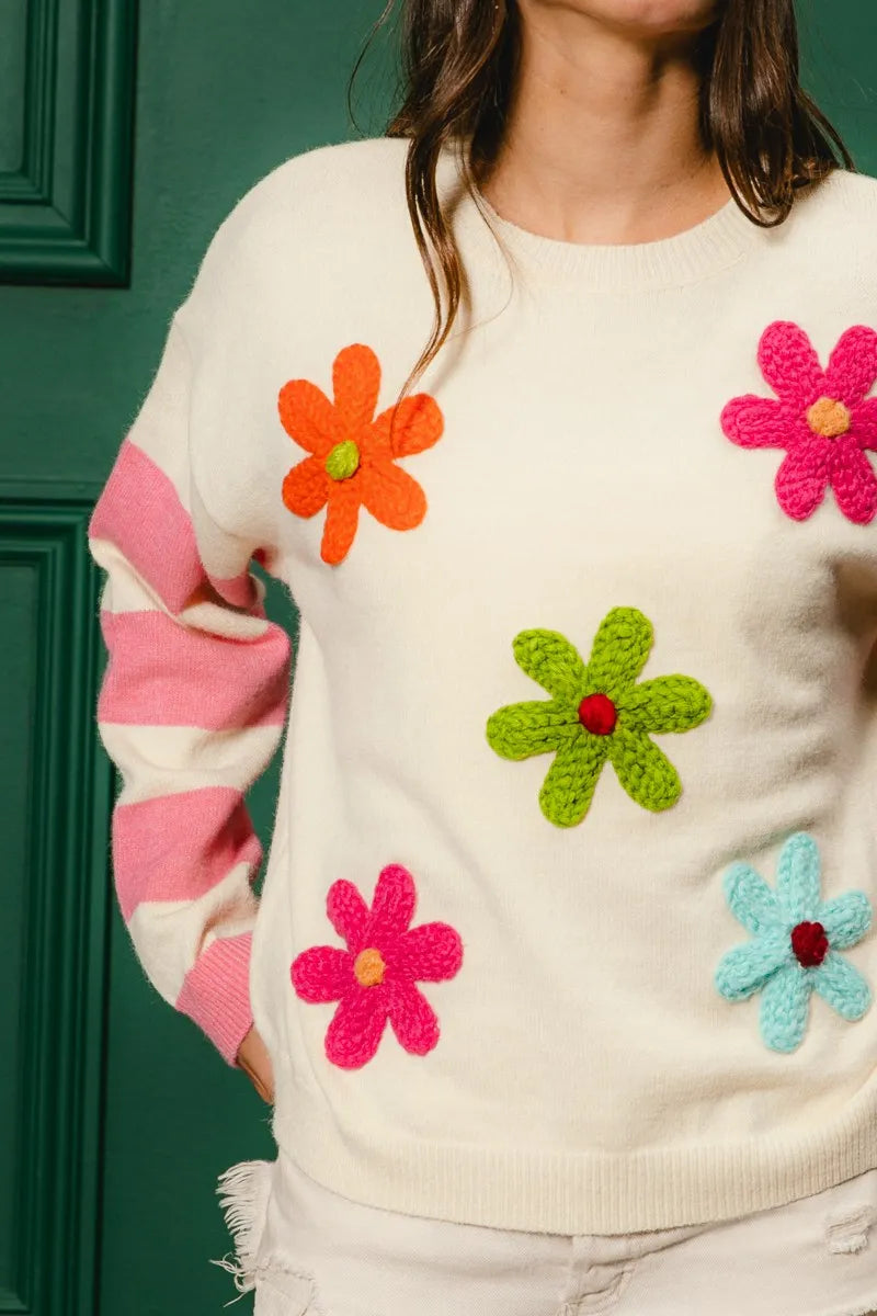 Person wearing a sweater with colorful flower patterns against a green background