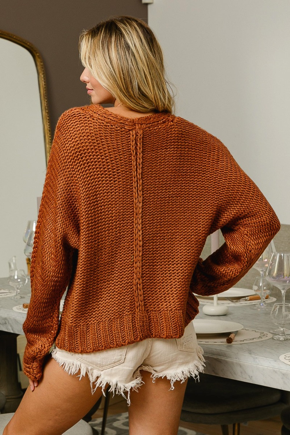 V-Neck Cable Knit Sweater in Cinnamon