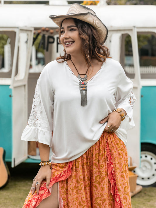 Plus Size White Lace Detail Flounce Sleeve Blouse