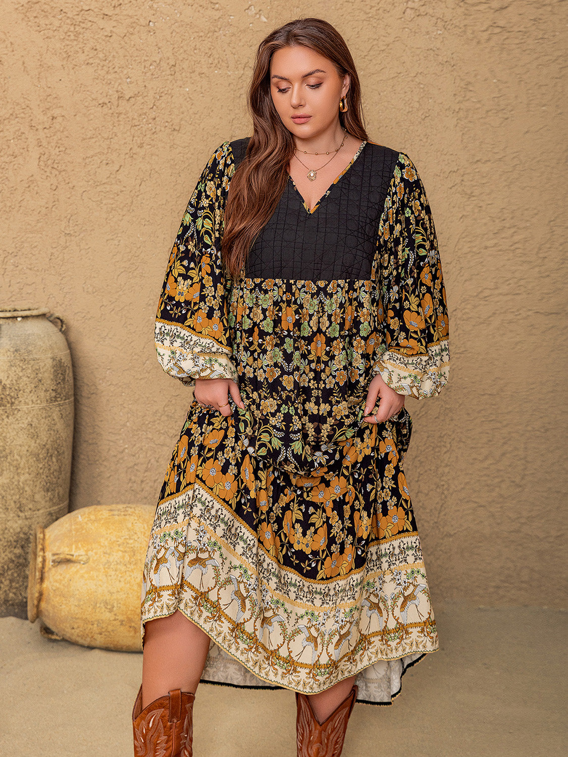 Plus Size Floral V-Neck Long Sleeve Midi Dress