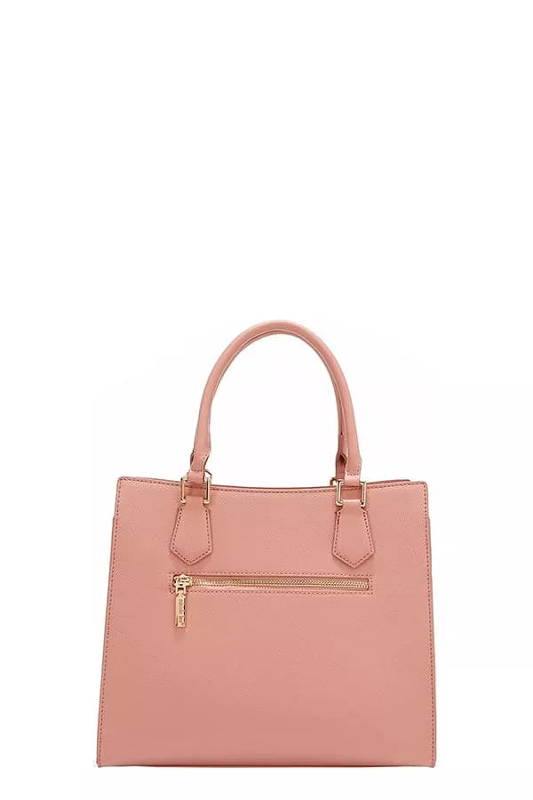 Pink handbag with a gold zipper on a white background