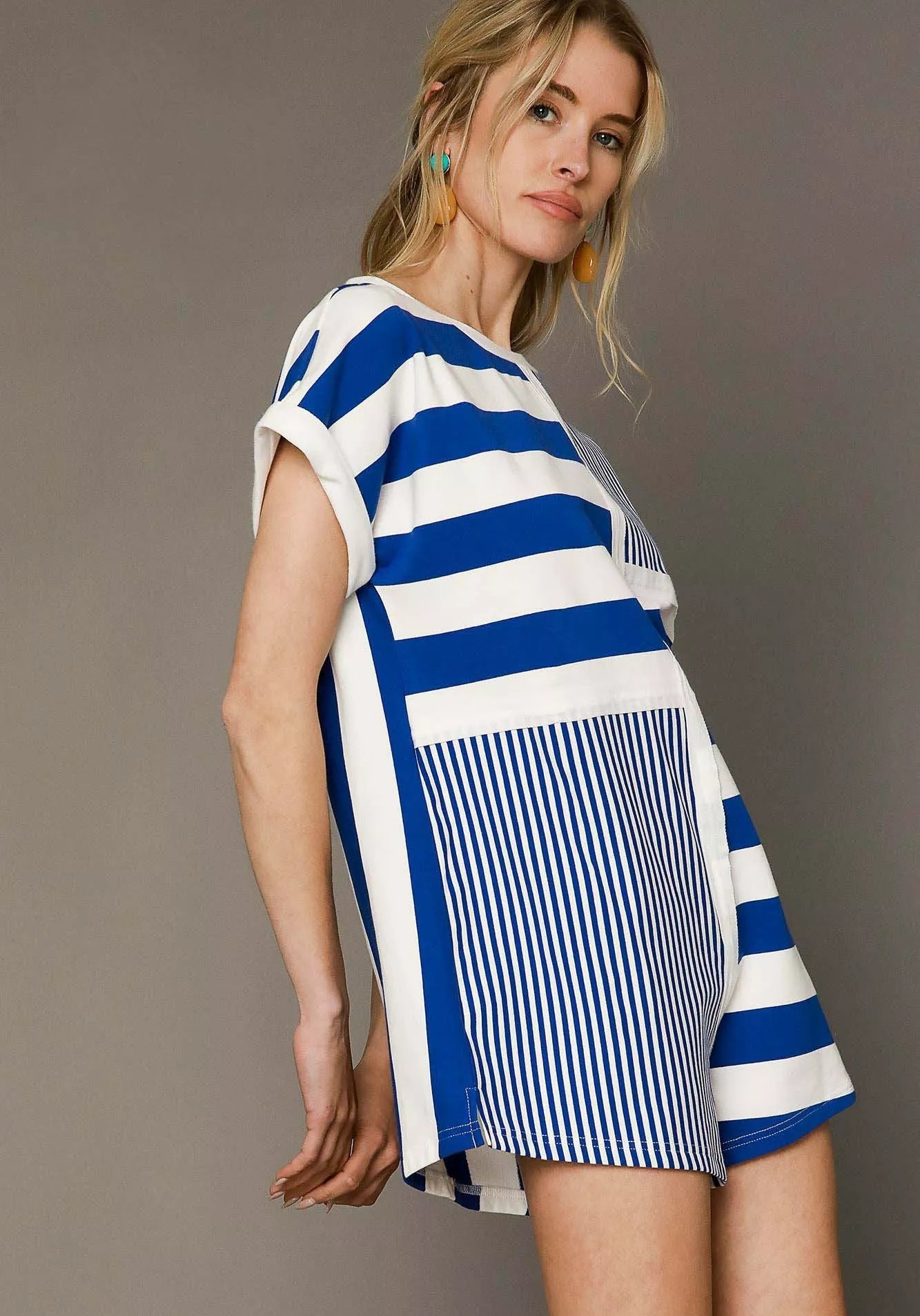 Cobalt & White Mixed Stripe Short Sleeve Romper