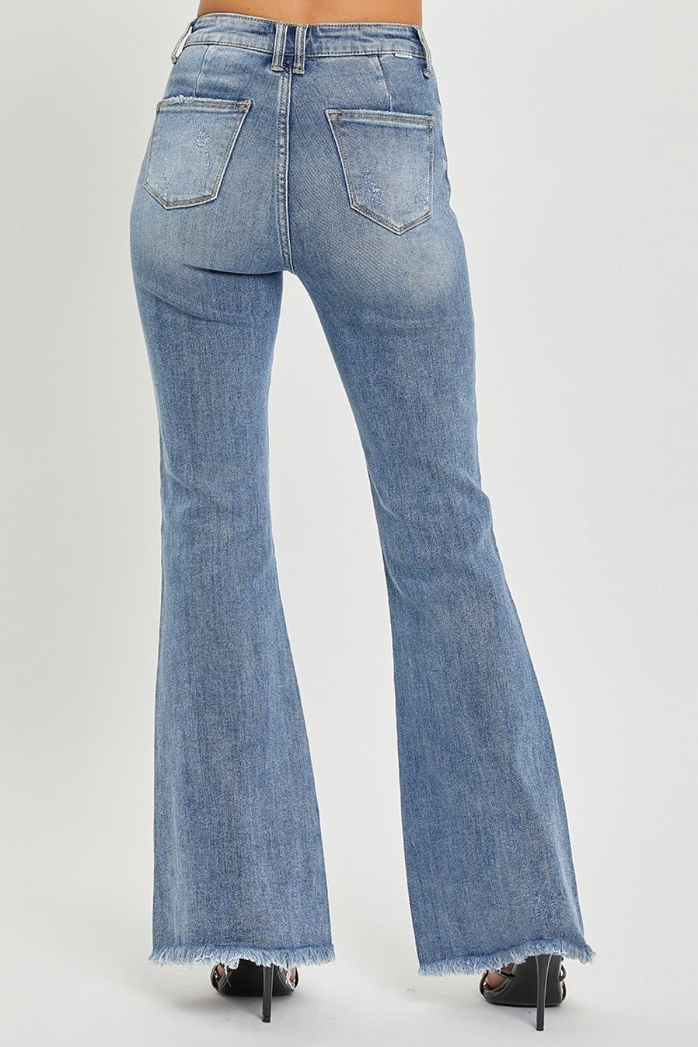 Medium Wash High Waist Raw Hem Flare Jeans