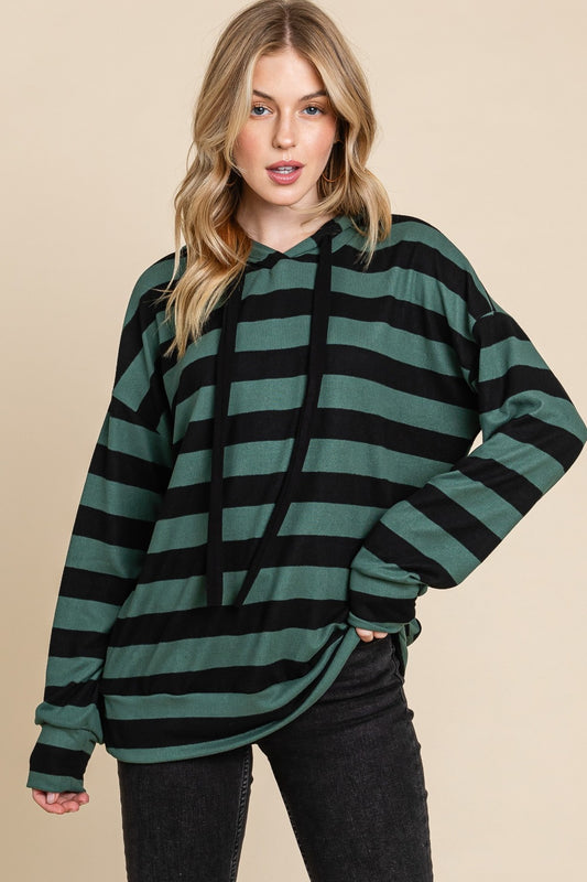 Striped Long Sleeve Hoodie in Forest Green Black